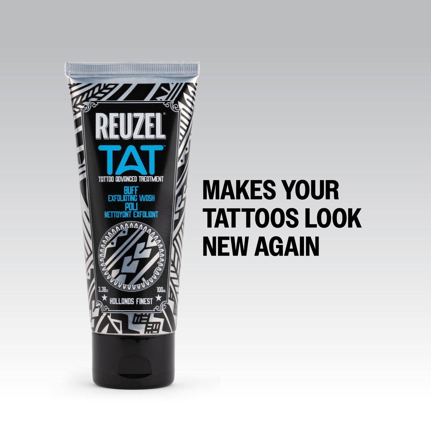 Reuzel TAT Buff Exfoliating Wash for tattoo aftercare, showing a clear bottle of exfoliating wash with label details.