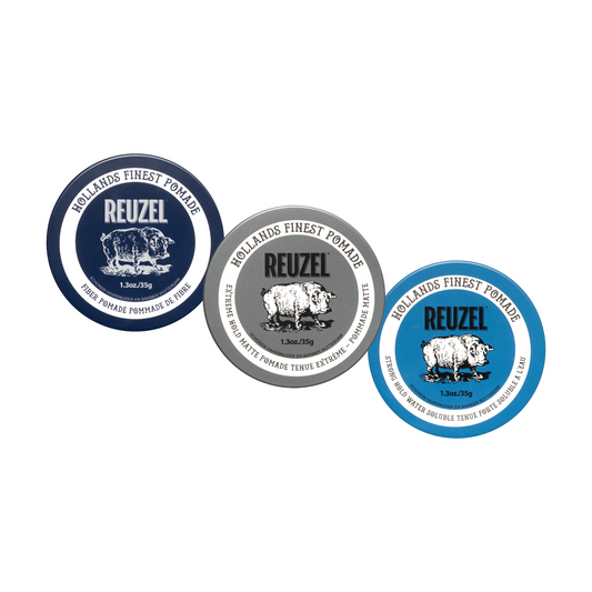 Reuzel Europe Pomade Try Me Bundle with three 35gr jars of styling pomades for men's hair grooming.