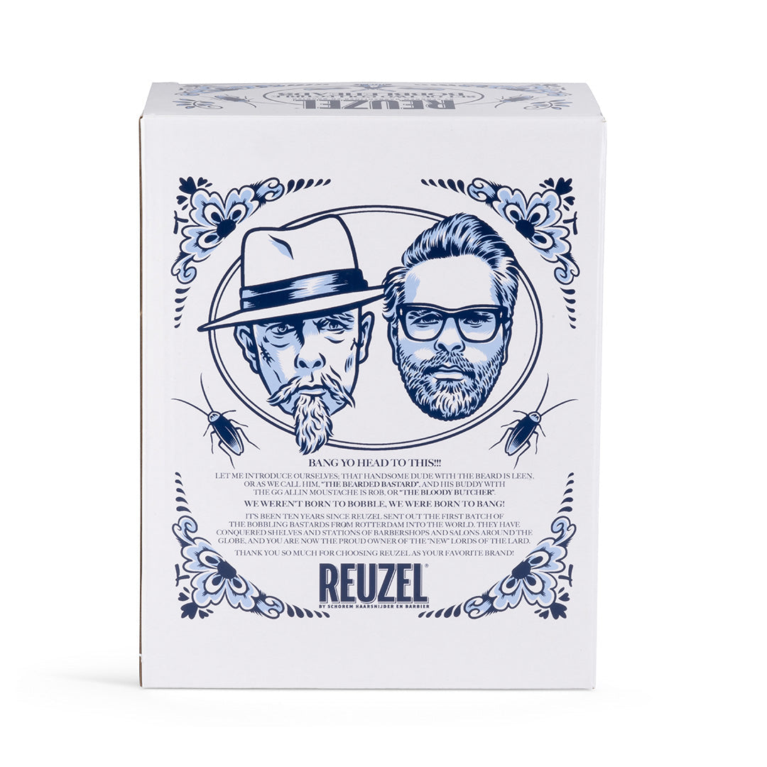 Reuzel Founders' Bobble Head figure, showing the back side with detailed design and branding, part of the 2026 collection.