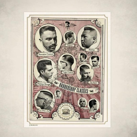 Reuzel Barbershop Classics poster featuring vintage barber tools and classic grooming imagery for wall decor.