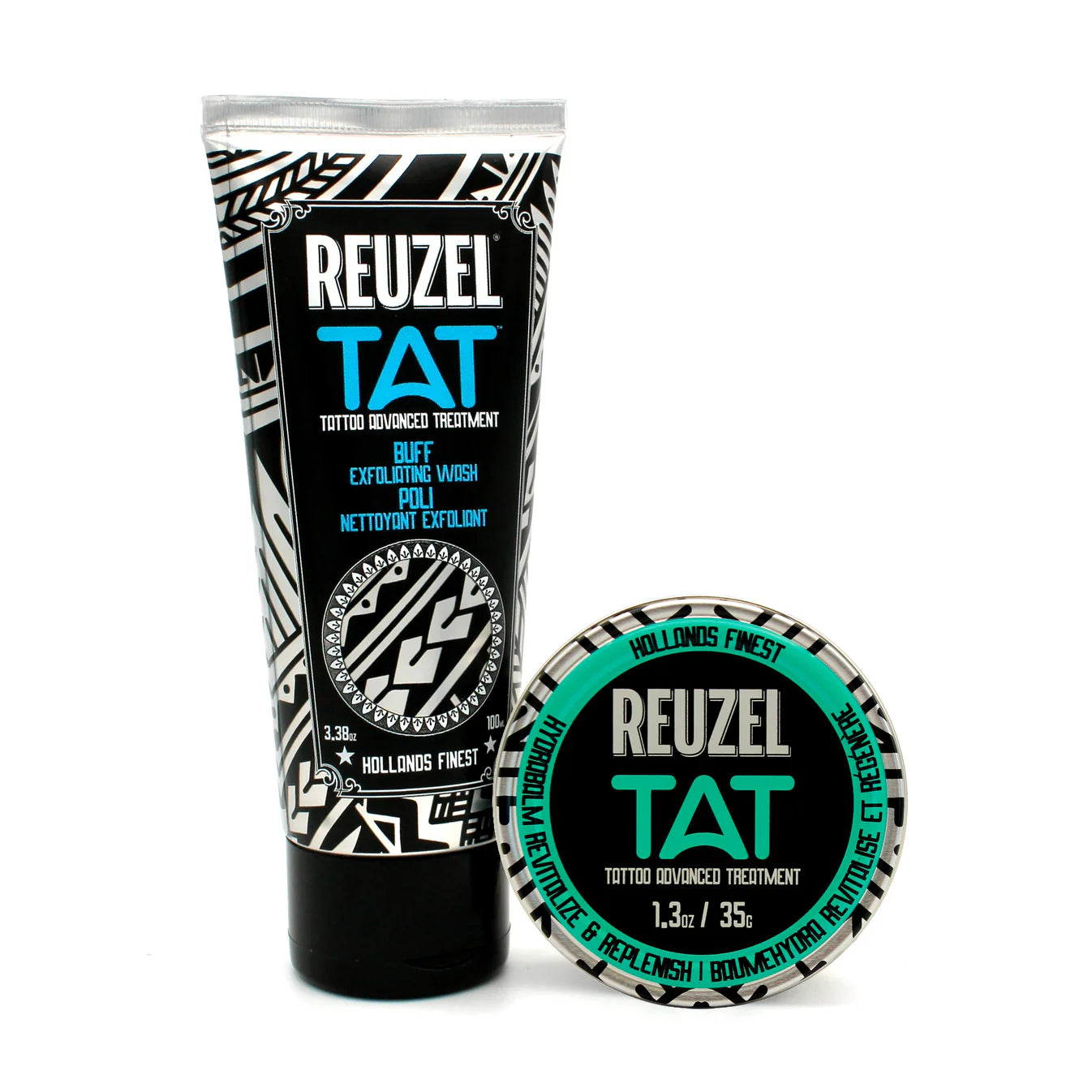 Reuzel TAT Duo with Buff Exfoliating Wash and Hydrabalm for tattoo aftercare, displayed in sleek packages.