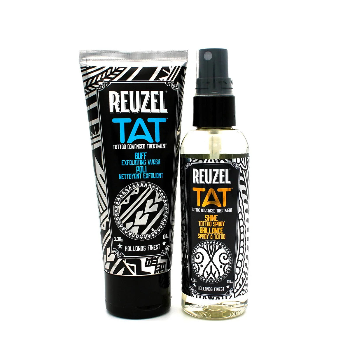 Reuzel TAT Duo Buff Exfoliating Wash and Shine Spray for tattoo aftercare, displayed together in the image.