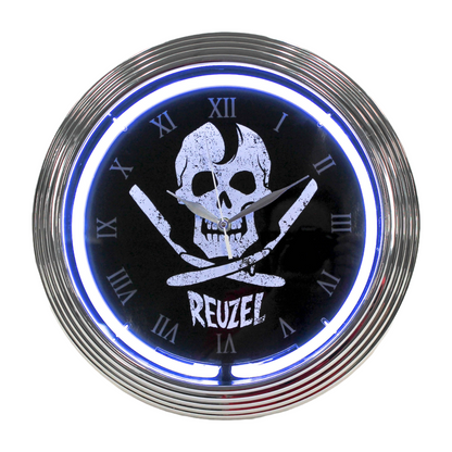 White background image of the Vendor Jolly Roger Neon Clock featuring a pirate skull design with vibrant neon lighting.