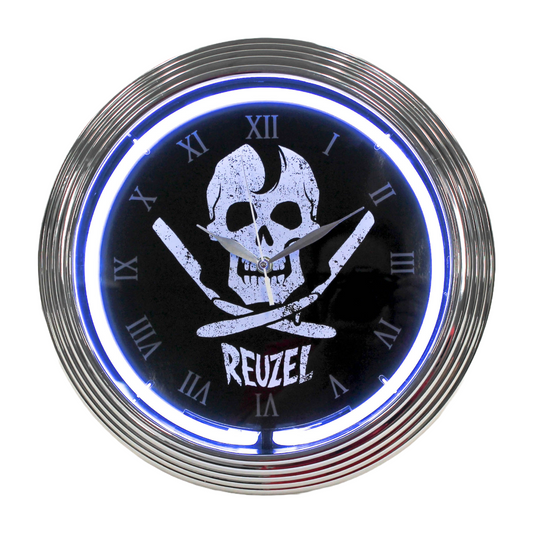 White background image of the Vendor Jolly Roger Neon Clock featuring a pirate skull design with vibrant neon lighting.