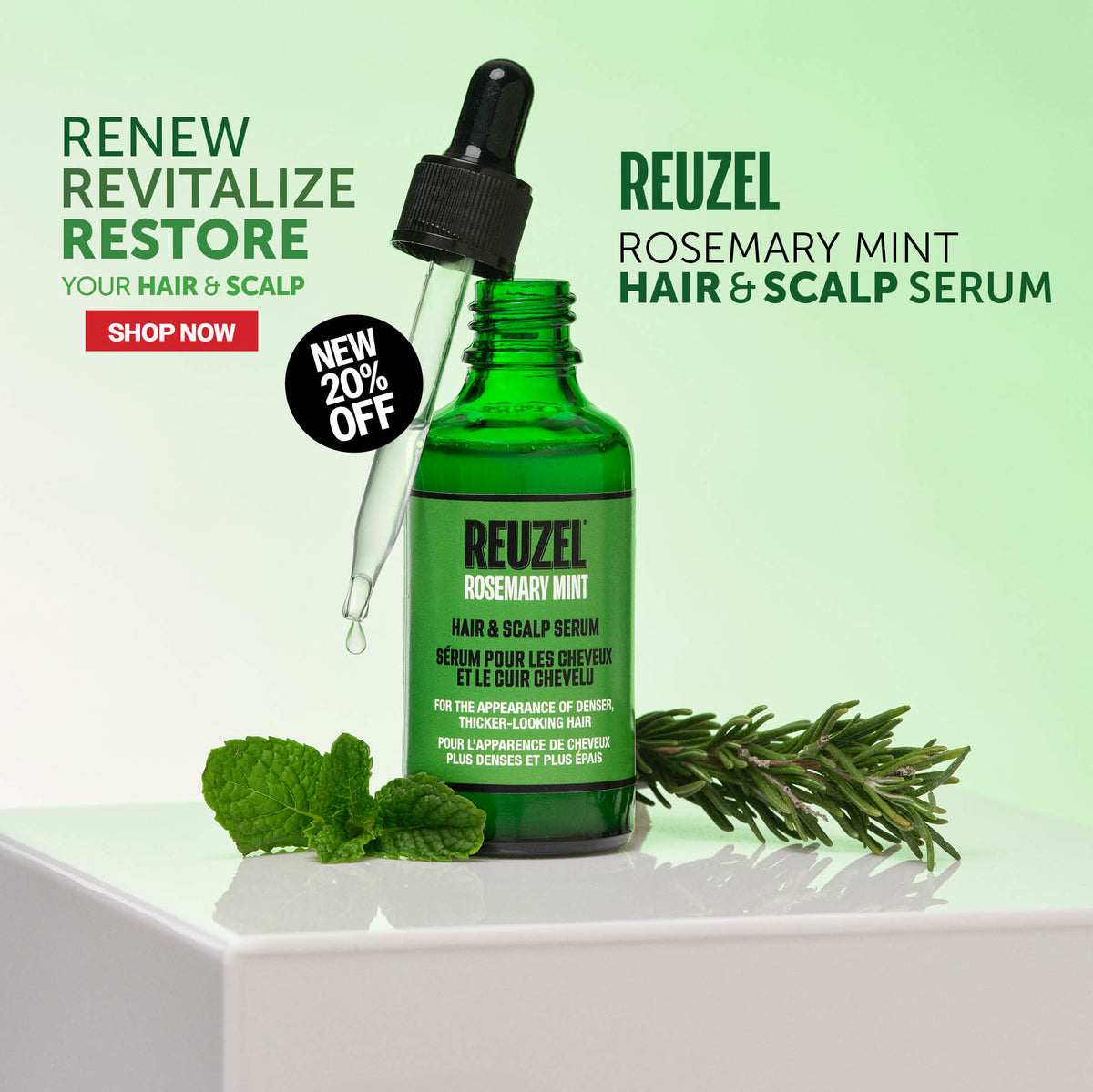 A green glass dropper bottle of Reuzel Rosemary Mint Hair & Scalp Serum displayed on a white pedestal with mint leaves and rosemary sprigs against a light green gradient background.