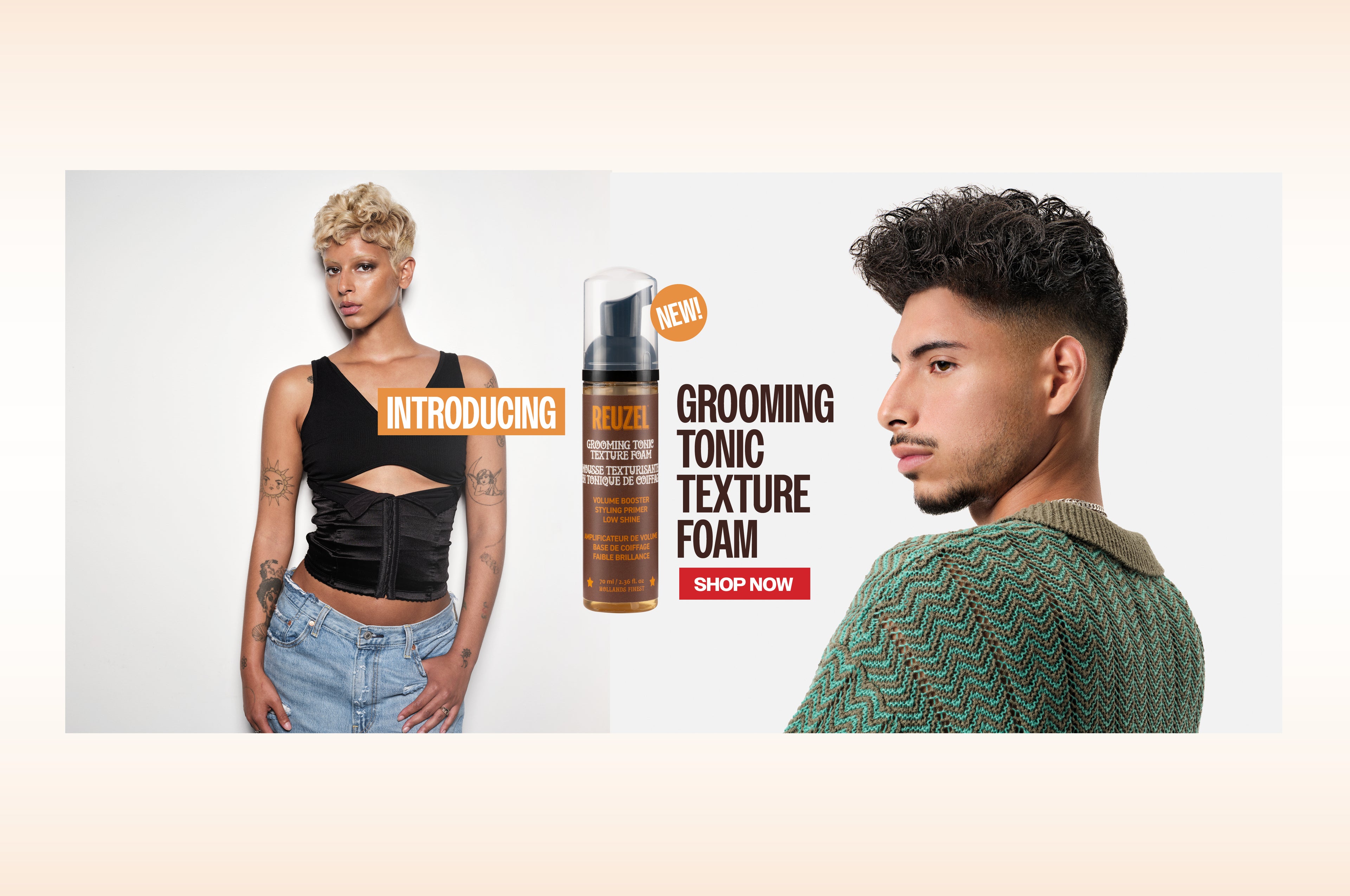 Advertisement for Grooming Tonic Texture Foam featuring two models and product packaging.