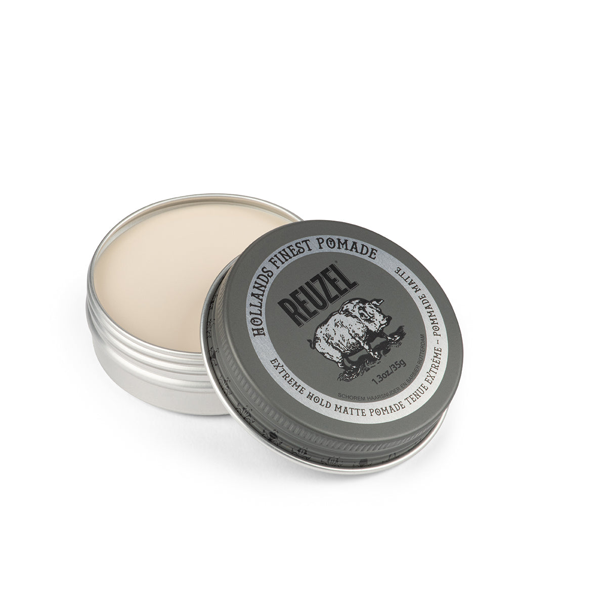 Reuzel Extreme Hold Matte Pomade in a 35g jar, showing the black container with product label and a smooth, matte finish.
