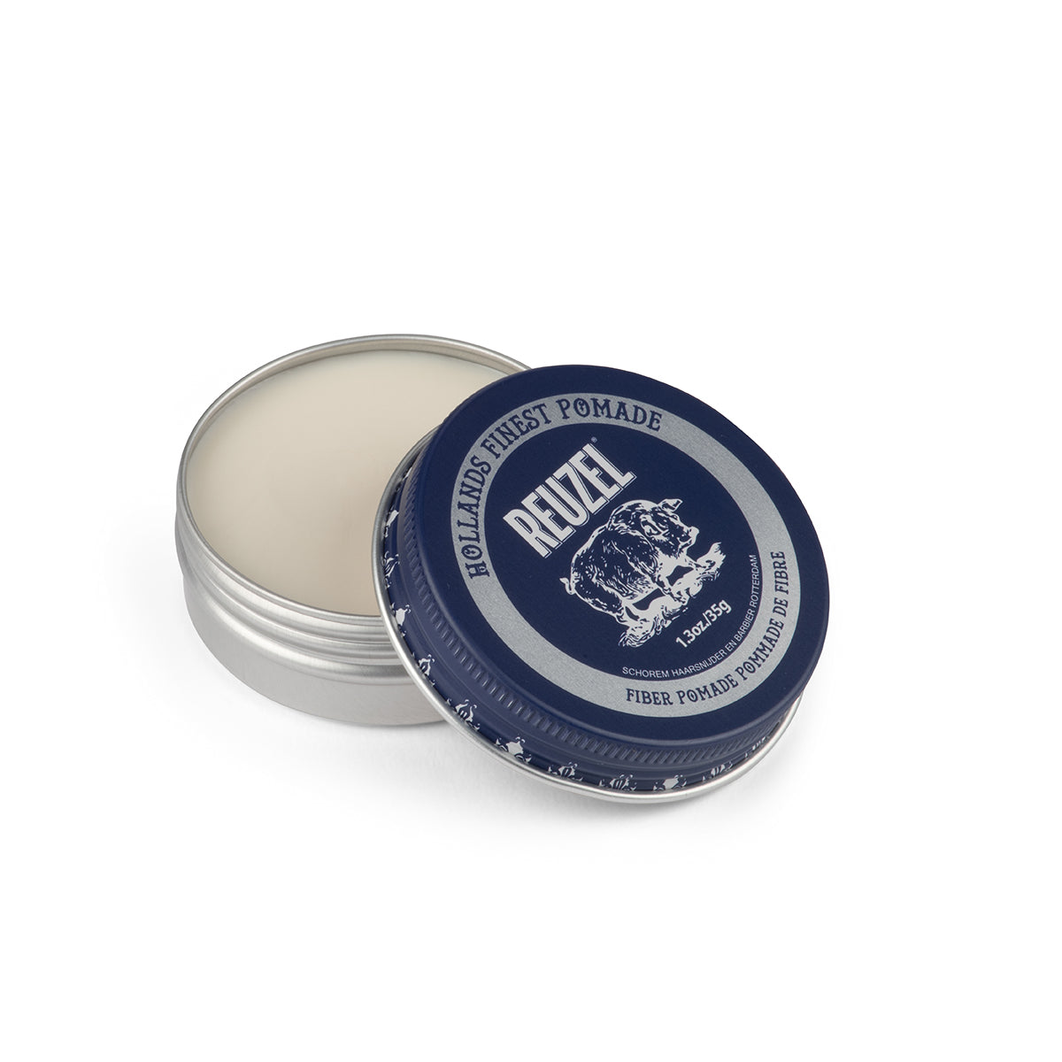 Reuzel Fiber Pomade jar showing the 35g container with the pomade's textured, fibrous formula for styling hair.
