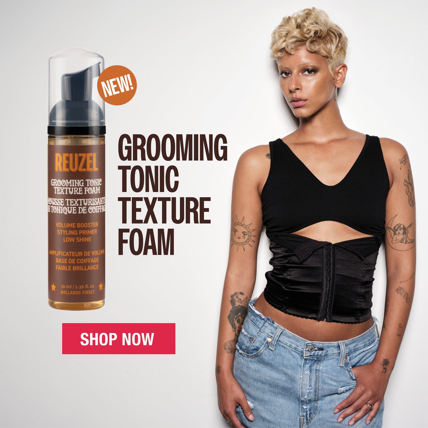 Advertisement for Grooming Tonic Texture Foam featuring two models and product packaging.