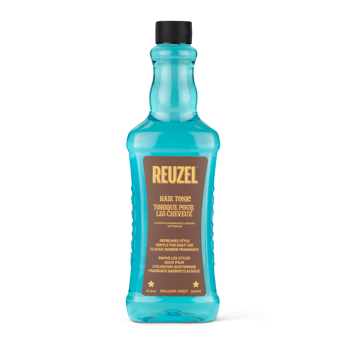 Reuzel Hair Tonic bottle with 500ml size, featuring a pump dispenser and label, designed for hair styling and scalp care.