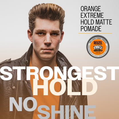 Reuzel Orange Extreme Hold Matte Pomade container with orange branding and product label for strong, matte hair styling hold.