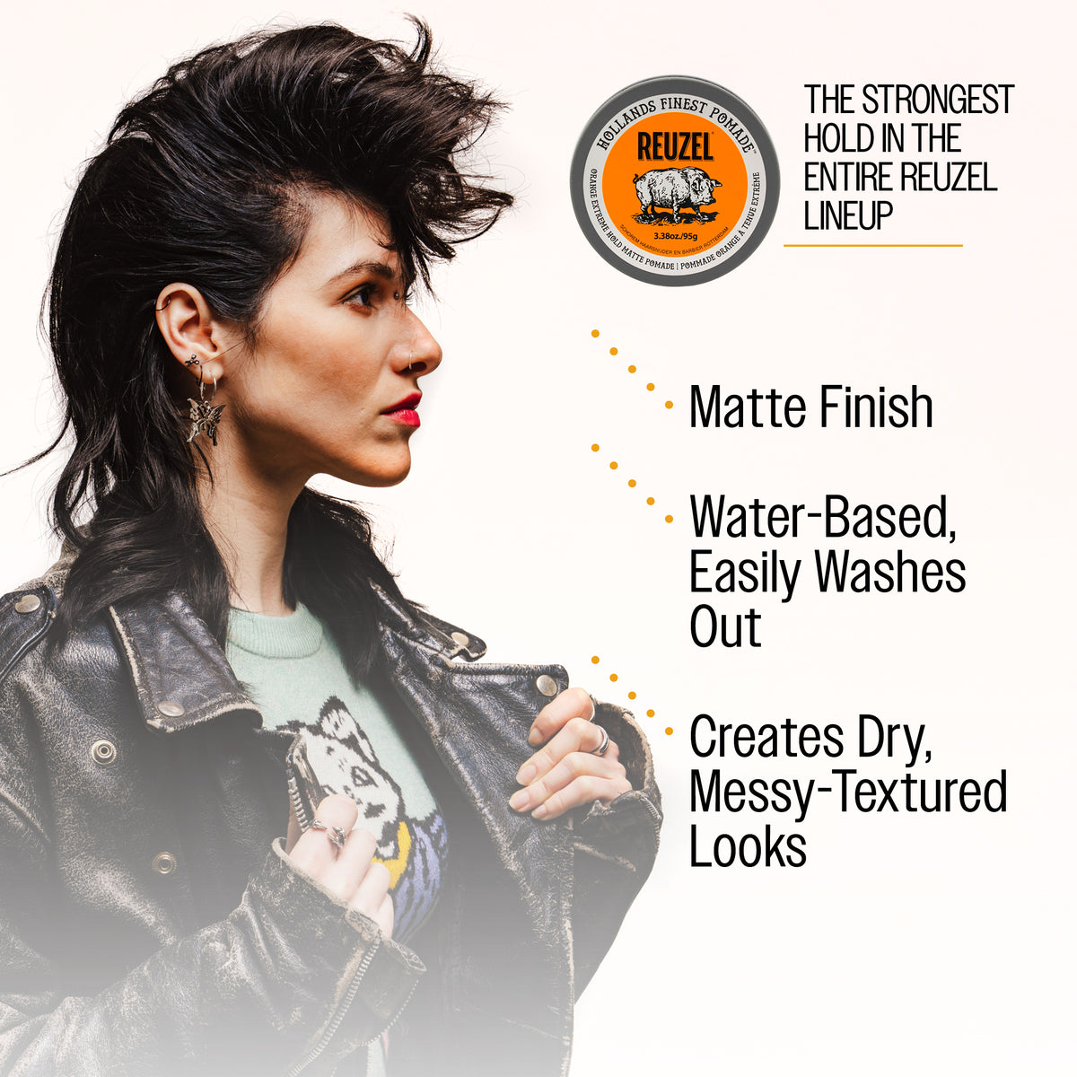 Reuzel Orange Extreme Hold Matte Pomade container with label showing product details and branding.