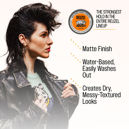 Reuzel Orange Extreme Hold Matte Pomade container with label showing product details and branding.