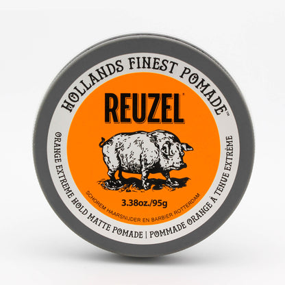 Reuzel Orange Extreme Hold matte pomade jar showcasing vibrant orange packaging and product label.