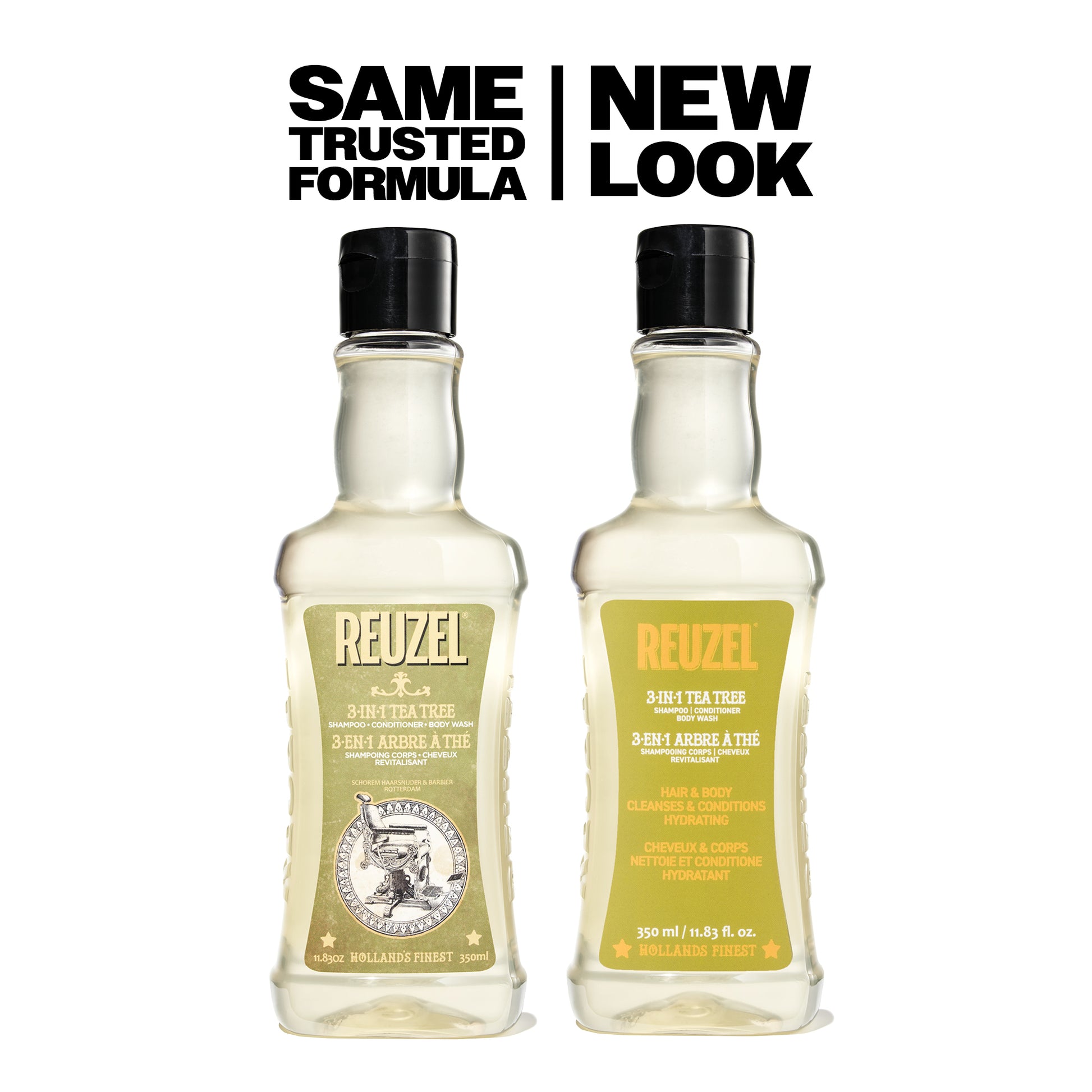 Reuzel Road Trip To Go 3-in-1 tea tree shampoo, conditioner, and body wash bottle with label and green cap.