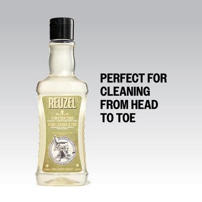 Reuzel Road Trip To Go 3-in-1 Tea Tree Shampoo, Conditioner, and Body Wash bottle with label and green cap.