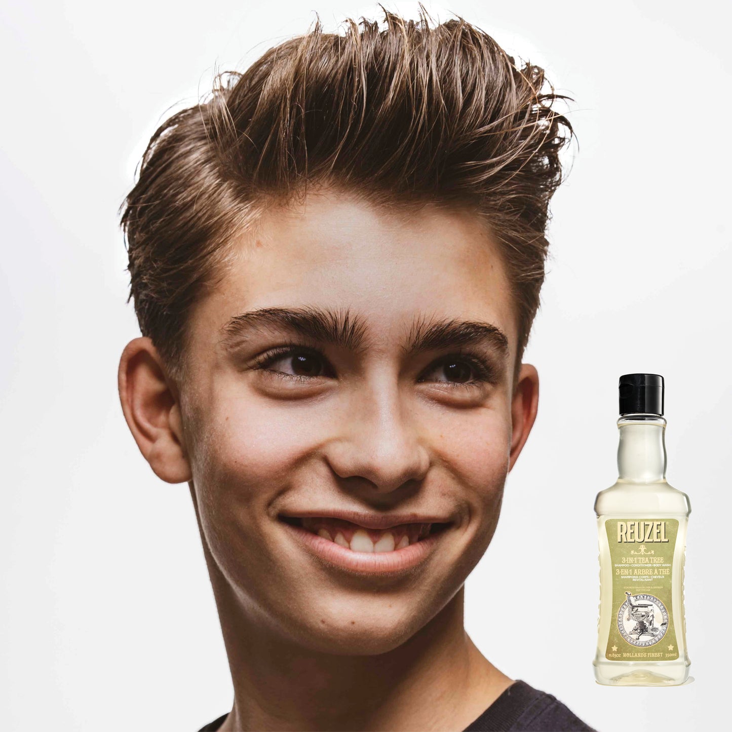 Reuzel Road Trip To Go 3-in-1 Tea Tree Shampoo, Conditioner, and Body Wash bottle on a white background