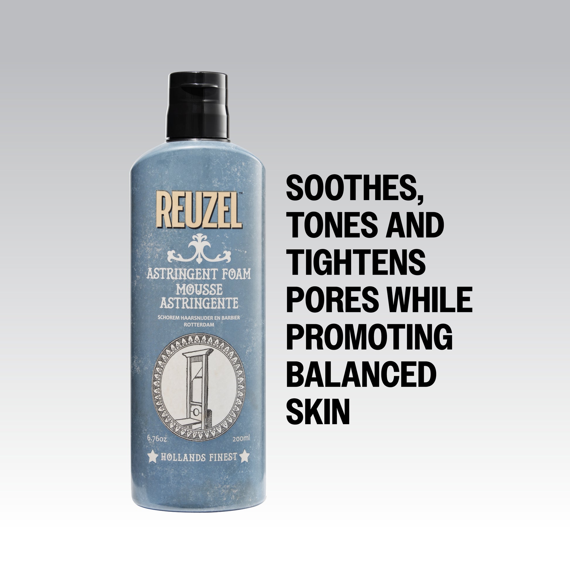 Reuzel Astringent Foam for beard care, showing a foam container with creamy white beard product in a close-up shot