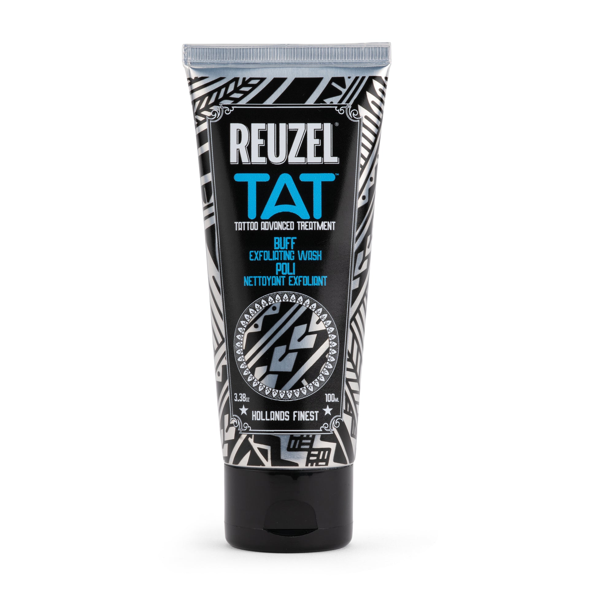 Reuzel TAT Buff Exfoliating Wash for tattoo aftercare, showing a clear bottle of exfoliating wash with label and pump dispenser.