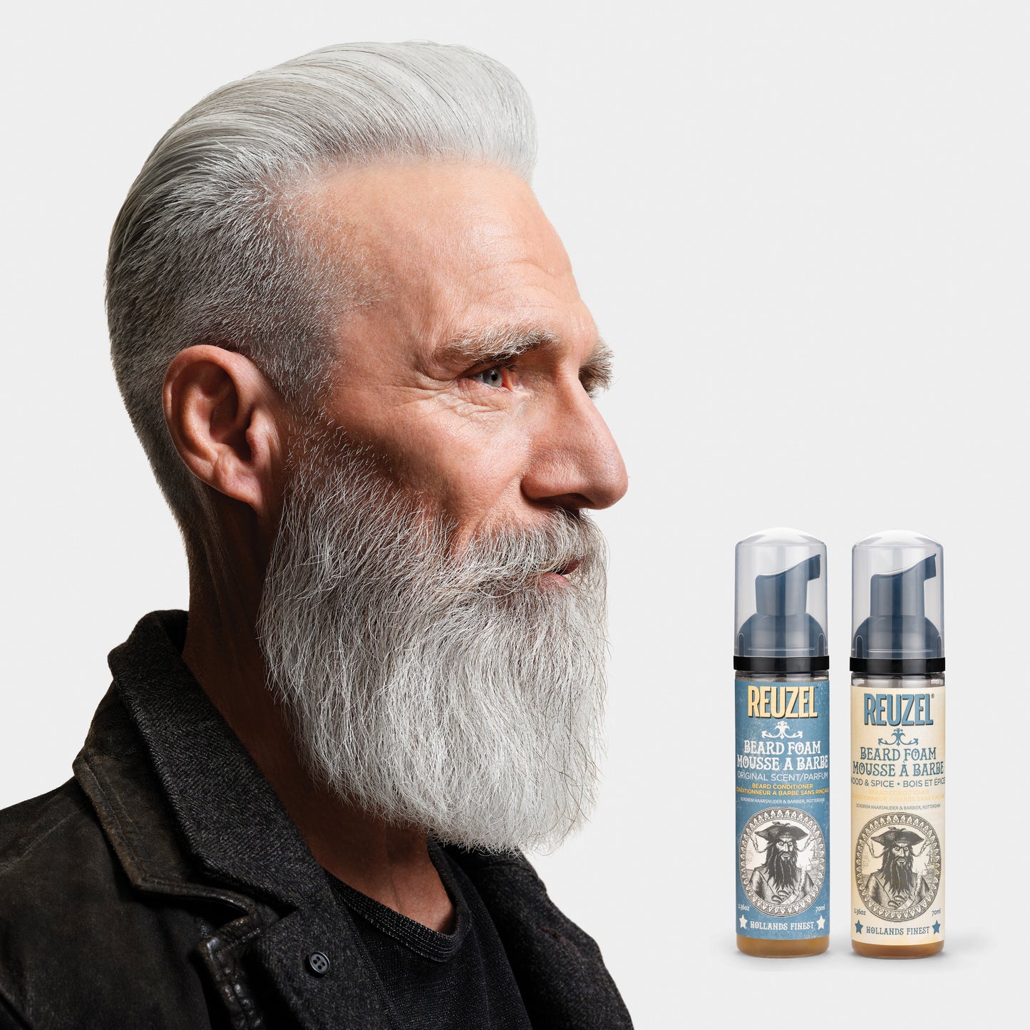 Reuzel Wood & Spice Beard Foam in a bottle, featuring a natural beard grooming product with a wooden and spicy scent.