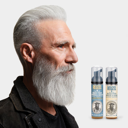 Reuzel Wood & Spice Beard Foam in a bottle, featuring a natural beard grooming product with a wooden and spicy scent.