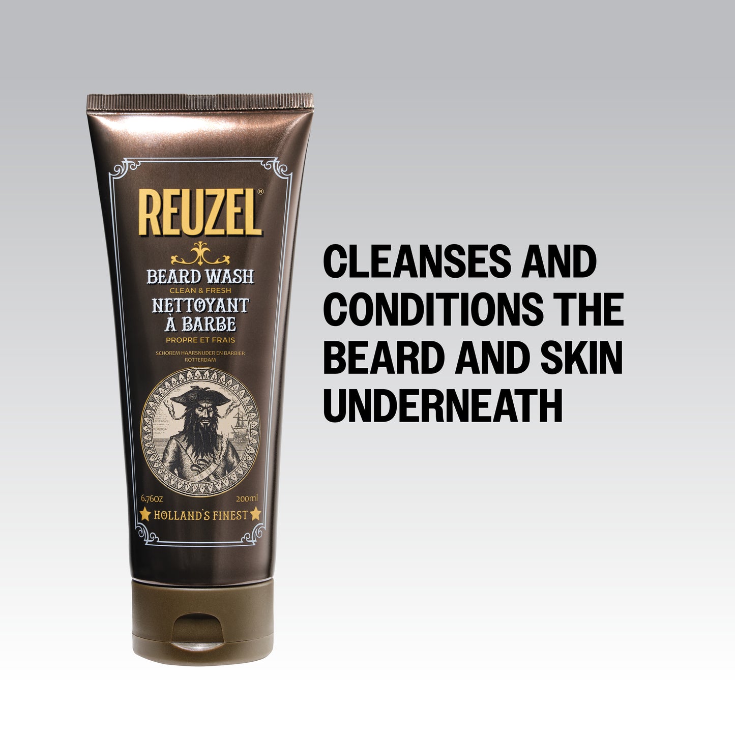 Reuzel Clean & Fresh Beard Wash in a clear bottle with a pump, designed for cleansing and refreshing facial hair.