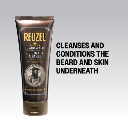 Reuzel Clean & Fresh Beard Wash in a clear bottle with a pump, designed for cleansing and refreshing facial hair.