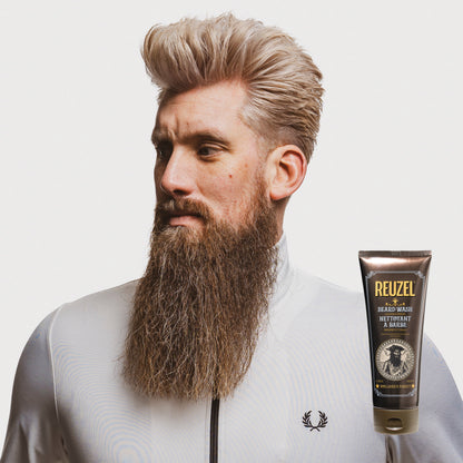 Reuzel Clean & Fresh Beard Wash in a clear bottle with a black cap, designed for cleansing and refreshing beard hair.