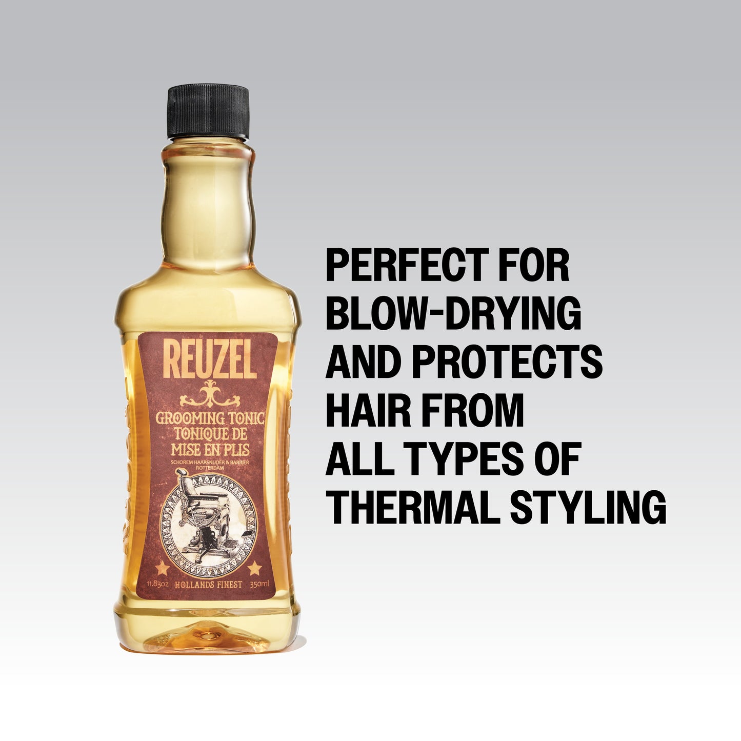 Reuzel Grooming Tonic hair tonic bottle with label, clear liquid inside, on a neutral background.
