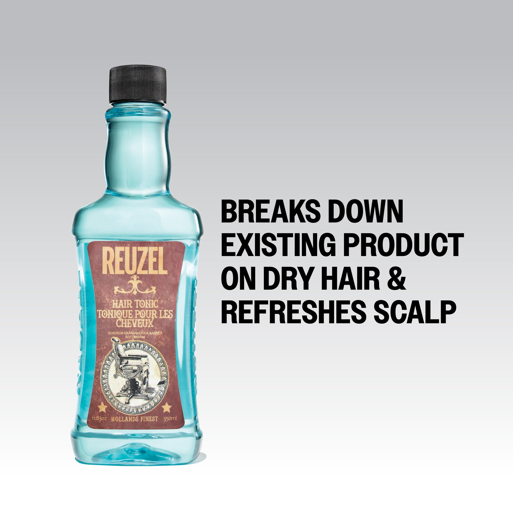 Reuzel Hair Tonic bottle with pump dispenser, featuring a dark label and silver cap, set against a neutral background.