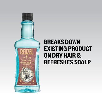 Reuzel Hair Tonic bottle with pump dispenser, featuring a dark label and silver cap, set against a neutral background.