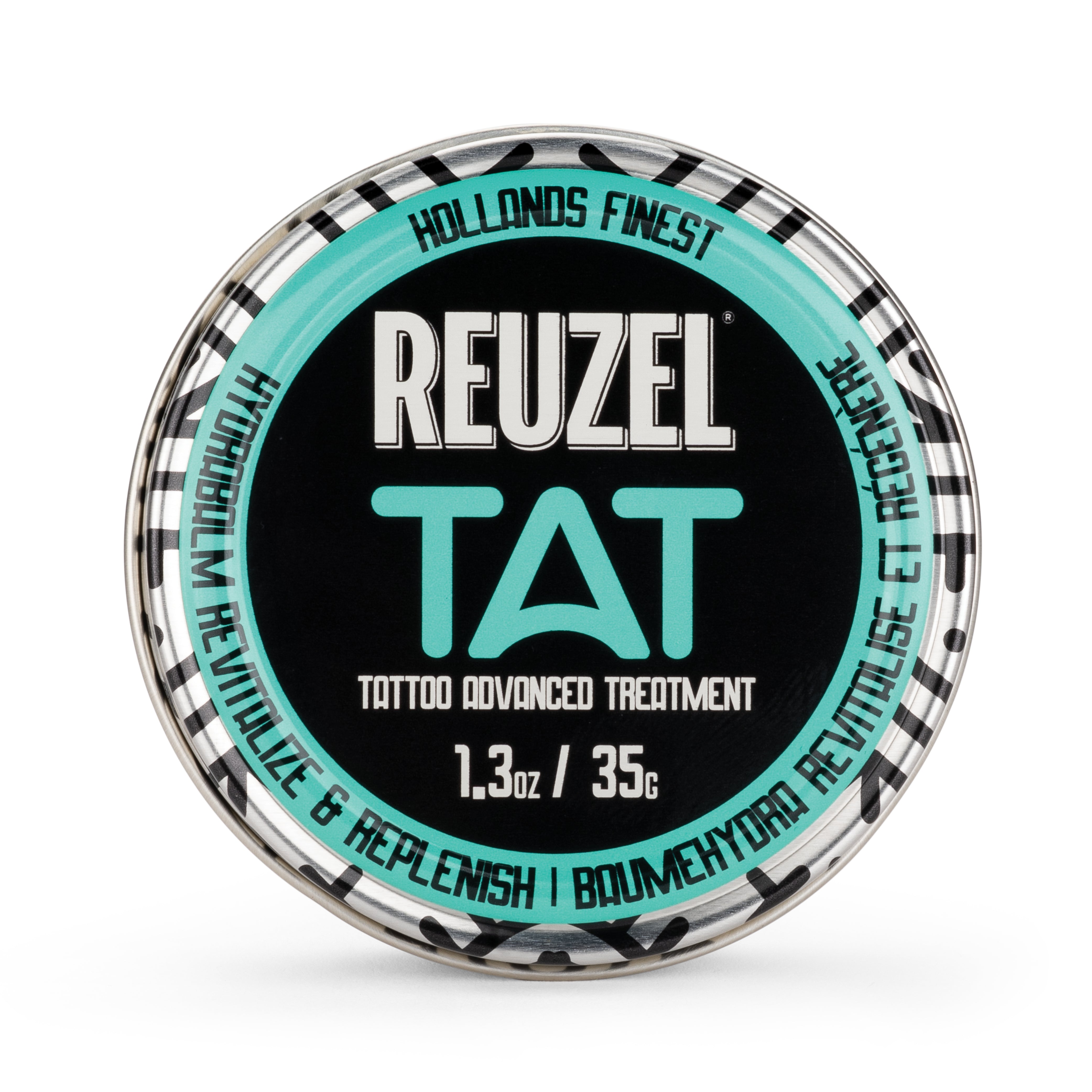 Reuzel TAT Hydrabalm tattoo aftercare balm in a jar, showing the product label and creamy texture for skin hydration and healing.
