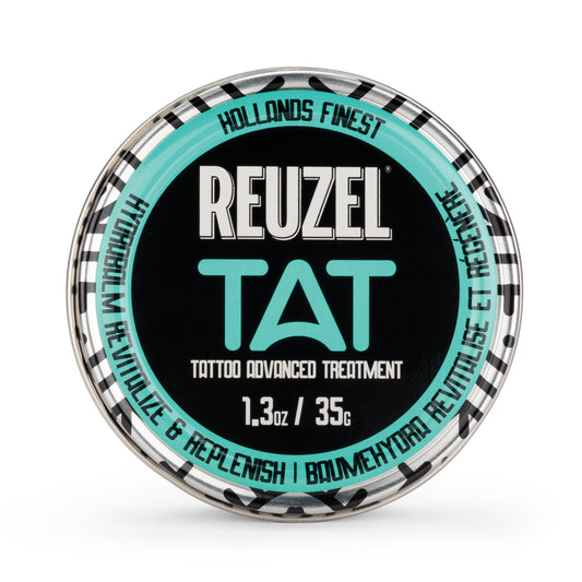 Reuzel TAT Hydrabalm tattoo aftercare balm in a jar, showing the product label and creamy texture for skin hydration and healing.