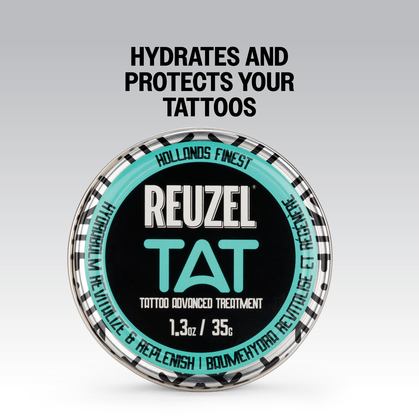 Reuzel TAT Hydrabalm tattoo aftercare product jar with label, designed for soothing and moisturizing fresh tattoos.