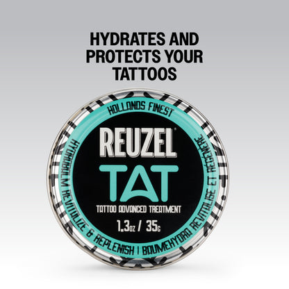 Reuzel TAT Hydrabalm tattoo aftercare product jar with label, designed for soothing and moisturizing fresh tattoos.