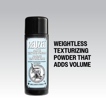Reuzel Matte Texture Powder for hair styling, showing the product container with a matte finish and textured powder inside.