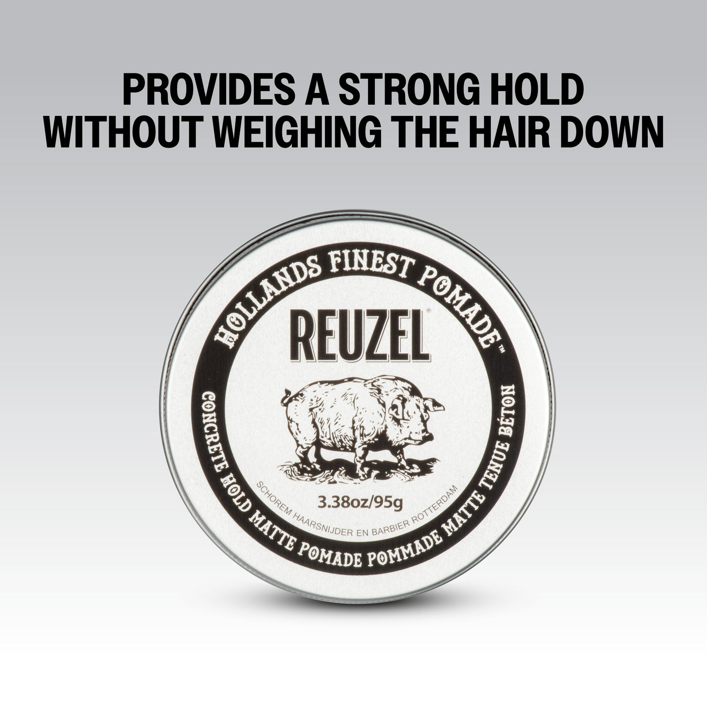 Reuzel Concrete Hold Matte Pomade jar with black label, showing the product name and brand logo on a white background.