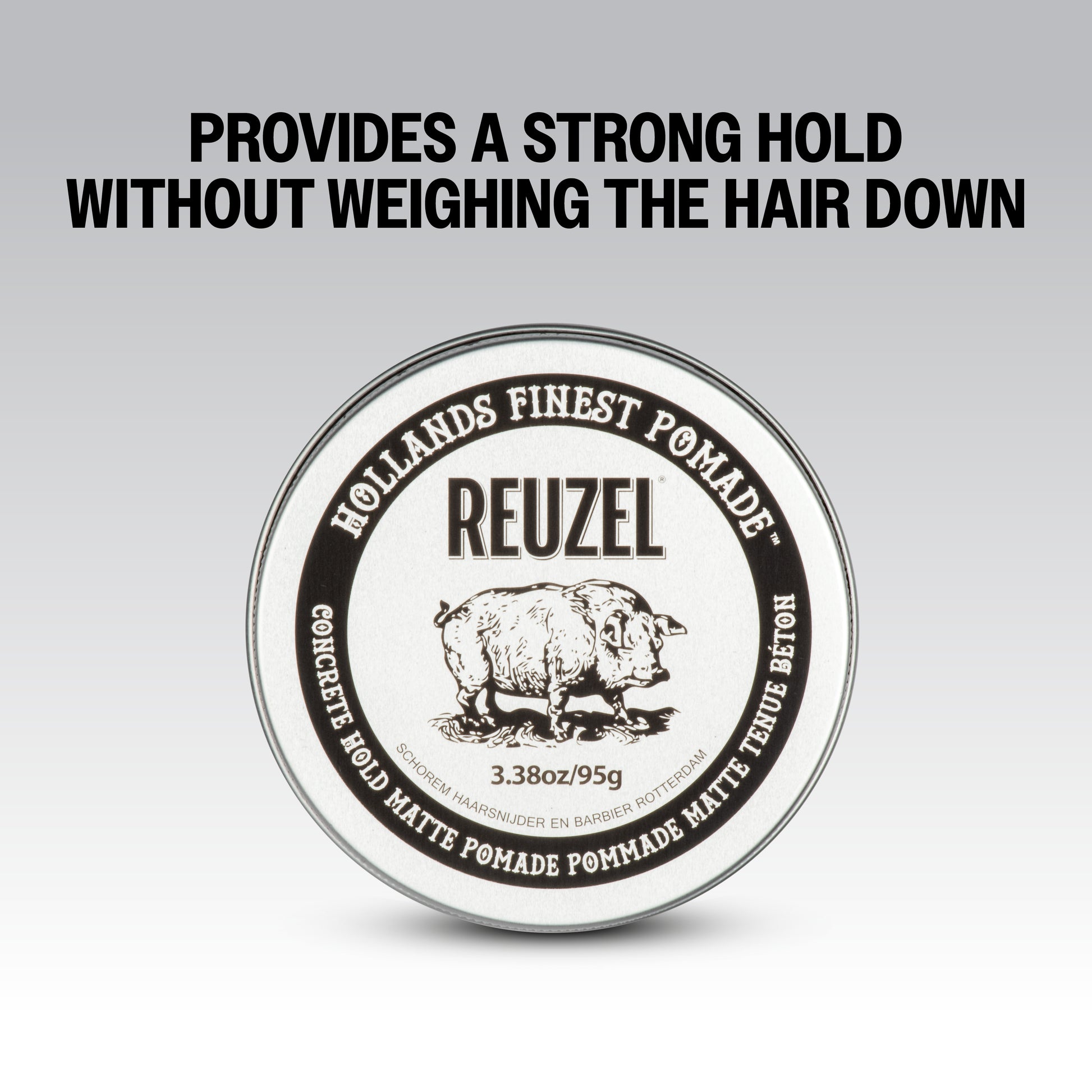 Reuzel Concrete Hold Matte Pomade jar with black label, showing the product name and brand logo on a white background.