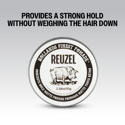 Reuzel Concrete Hold Matte Pomade jar with black label, showing the product name and brand logo on a white background.