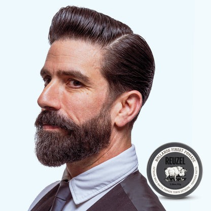 Reuzel Road Trip To Go Extreme Hold Matte Pomade jar with black lid and label, ideal for strong matte hair styling.