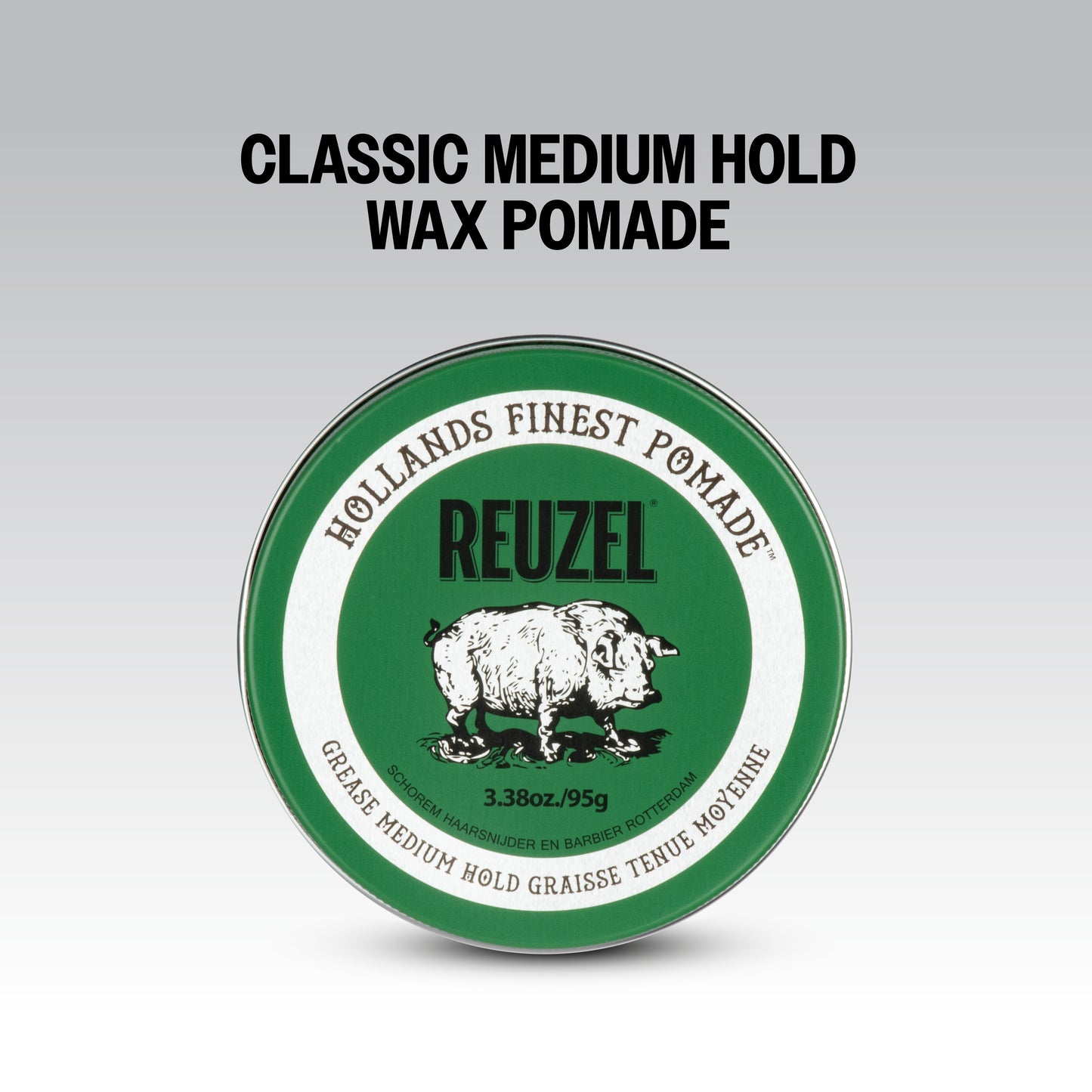 Green Reuzel Pomade grease jar with label, showcasing thick, shiny hair styling pomade in a metal container.
