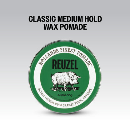 Green Reuzel Pomade grease jar with label, showcasing thick, shiny hair styling pomade in a metal container.