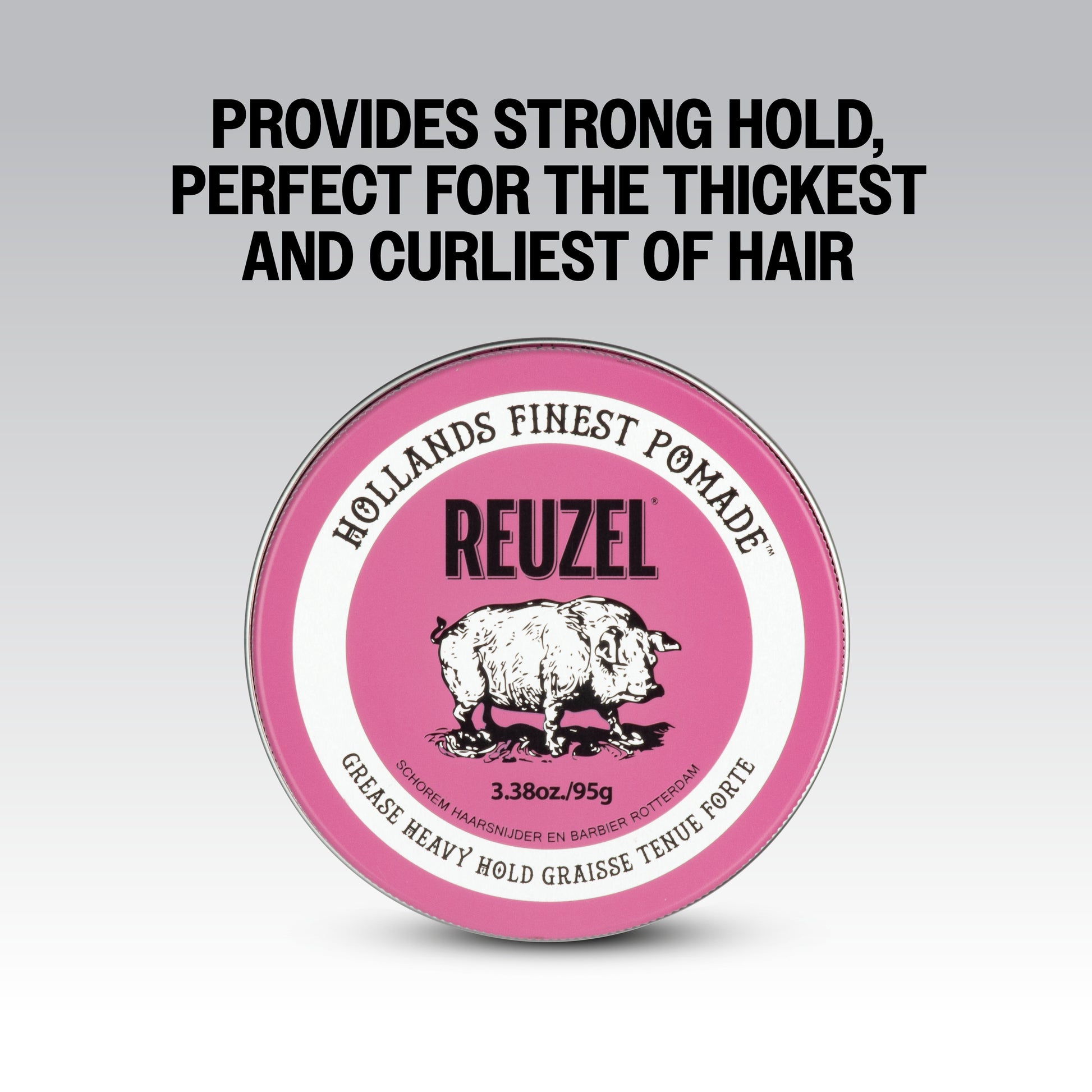 Reuzel Pink Pomade Grease in a jar, showcasing the vibrant pink-colored pomade for styling hair with a glossy finish.