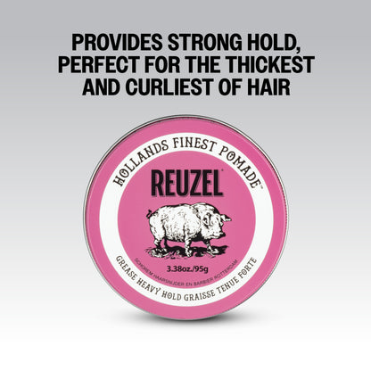 Reuzel Pink Pomade Grease in a jar, showcasing the vibrant pink-colored pomade for styling hair with a glossy finish.