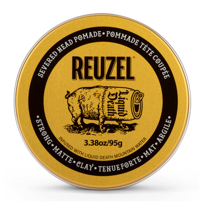Reuzel x Liquid Death Severed Head Pomade jar with black and red label, showcasing the unique branding and product design.