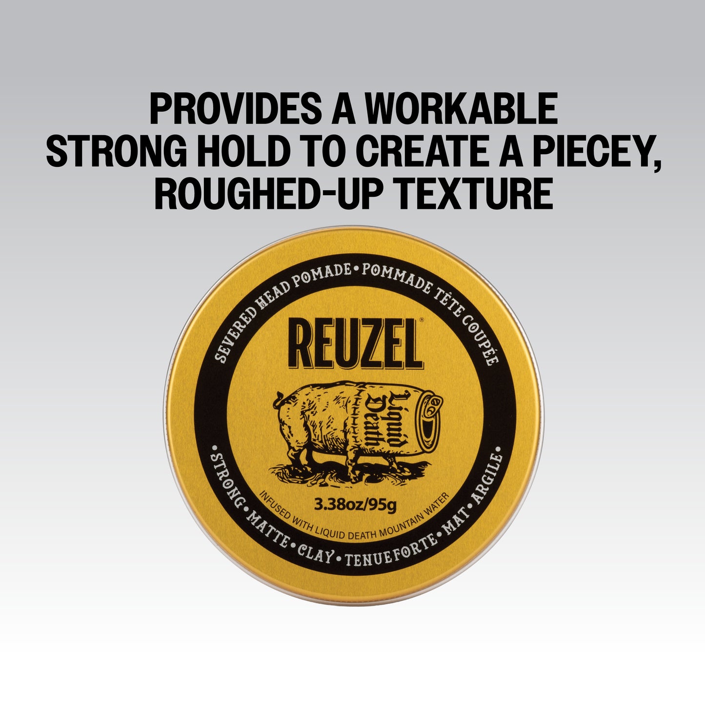 Reuzel x Liquid Death Severed Head Pomade jar with black lid, featuring label with skull graphic and branding.