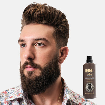 Reuzel Refresh No Rinse Beard Wash bottle with label, designed for cleaning and refreshing men's beards.
