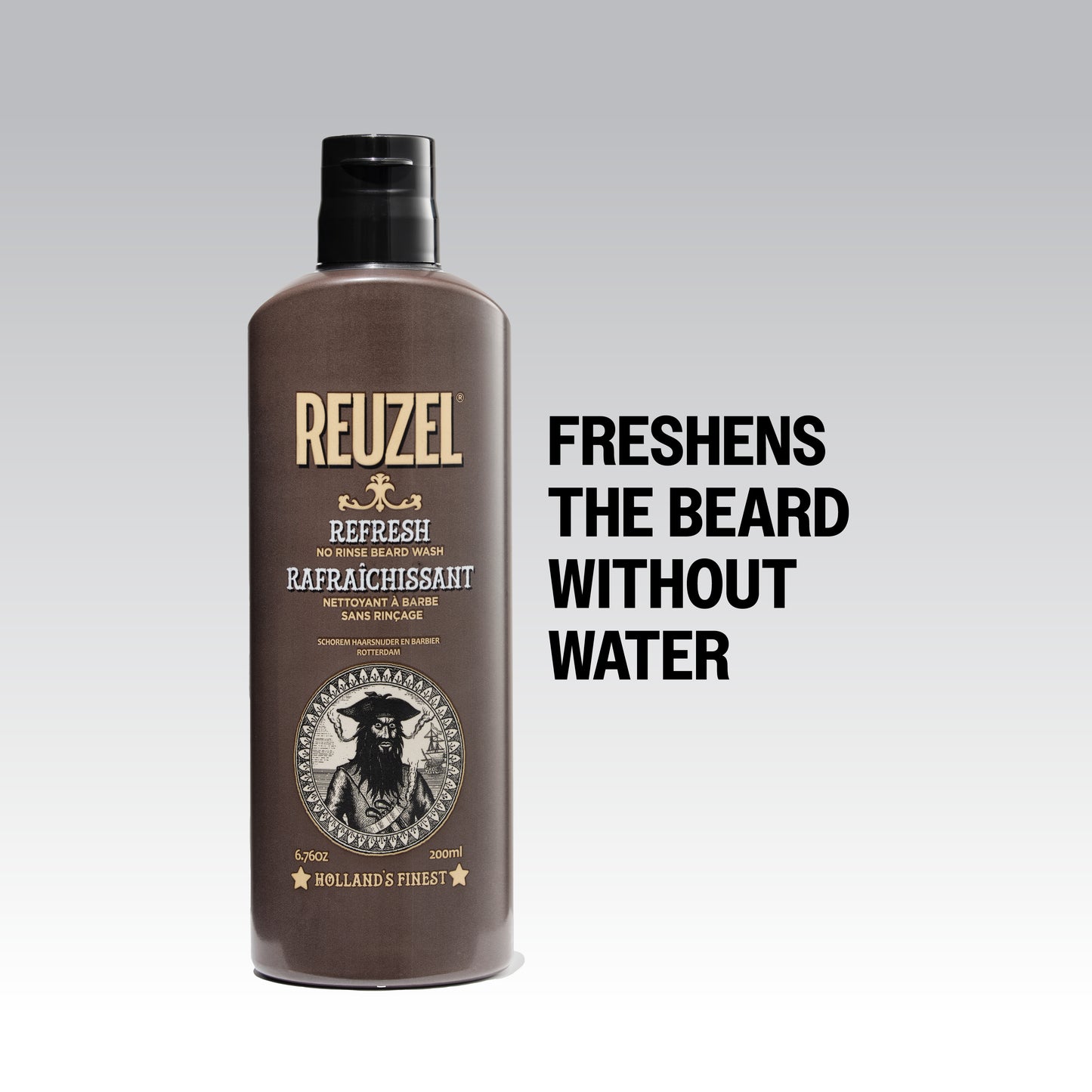 Reuzel Refresh No Rinse Beard Wash bottle with label, designed for cleansing and refreshing men's beards and facial hair.