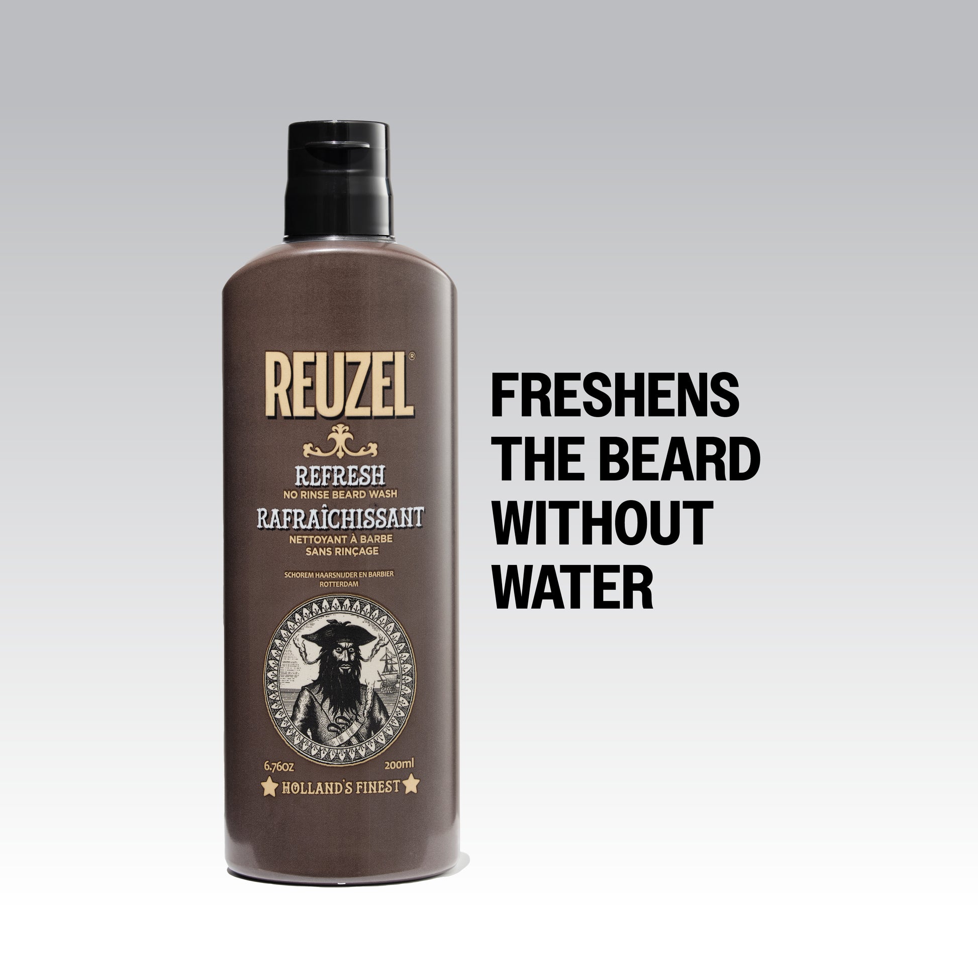 Reuzel Refresh No Rinse Beard Wash bottle with label, designed for cleansing and refreshing men's beards and facial hair.