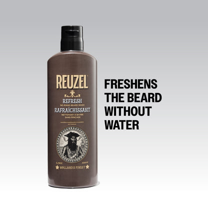 Reuzel Refresh No Rinse Beard Wash bottle with label, designed for cleansing and refreshing men's beards and facial hair.